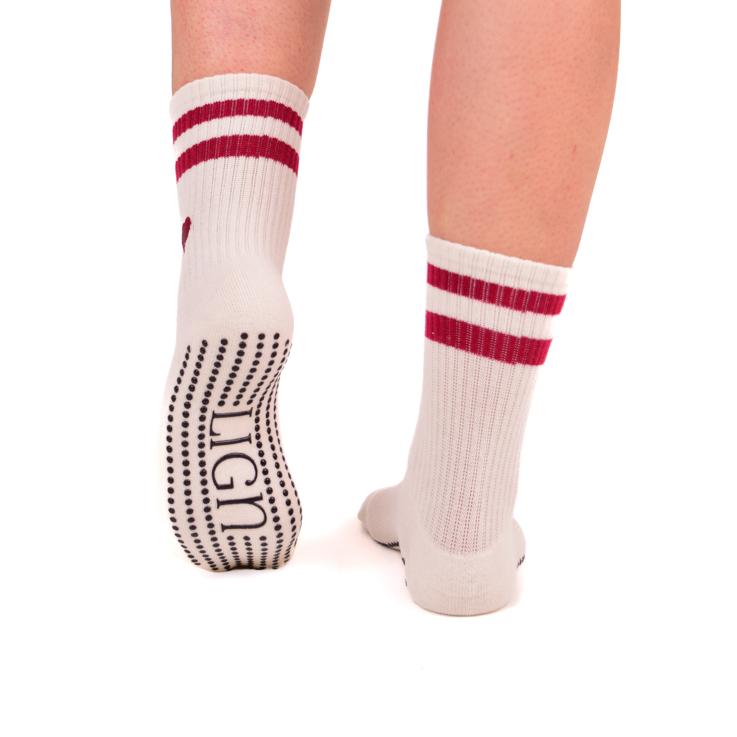 LIGN Burgundy Heart Two Cream Stripe Tube Socks
