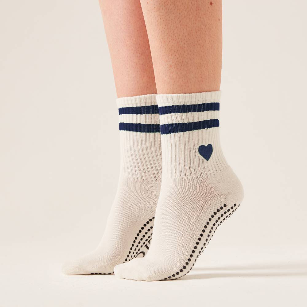 LIGN Navy Heart Two Cream Stripe Tube Socks